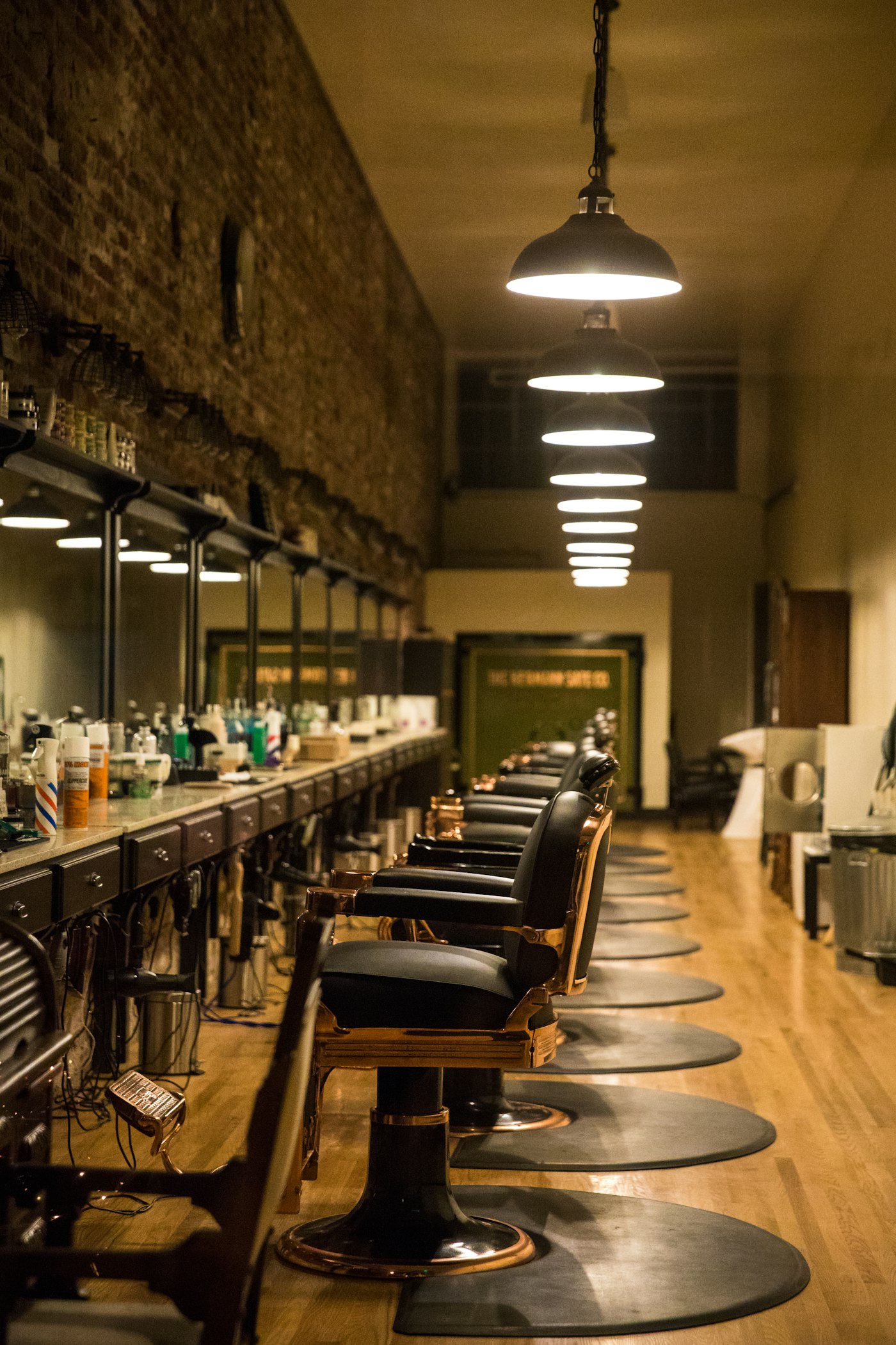 Salon interior with pendant lighting